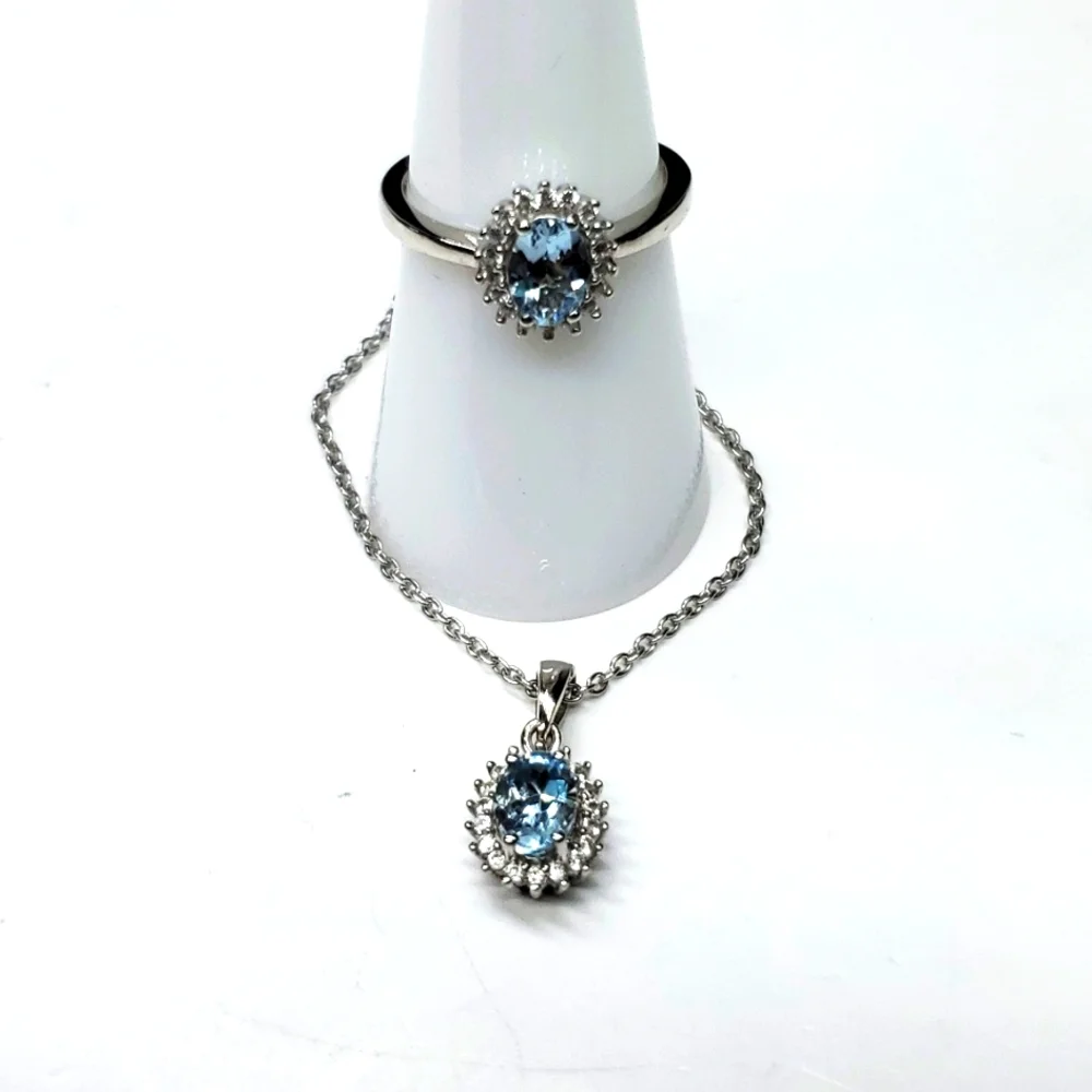Aquamarine Halo Ring & Necklace Set Sterling Silver Platinum NWT 7